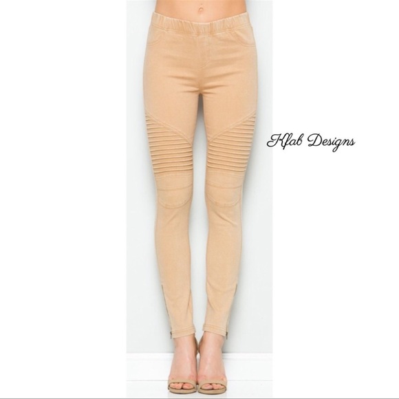 KFab Designs Pants - Khaki Washed Moto Leggings With Ankle Zip